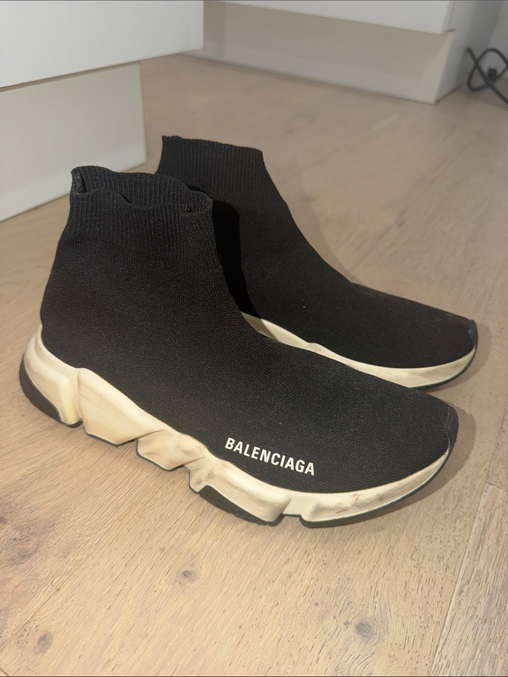 Balenciaga Black Sock-Style Knit Sneakers with Off-White Sole